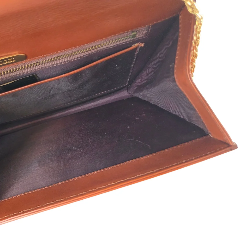 Vintage Gucci Cognac Leather Chain Shoulder Bag Envelope Clutch Purse - Picture 12 of 17
